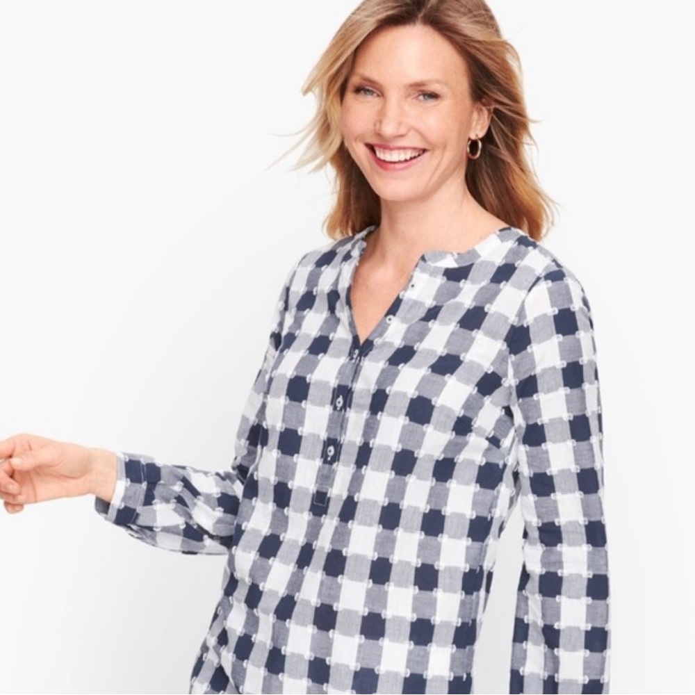 Talbots Clip Dot Popover Navy and White Checked